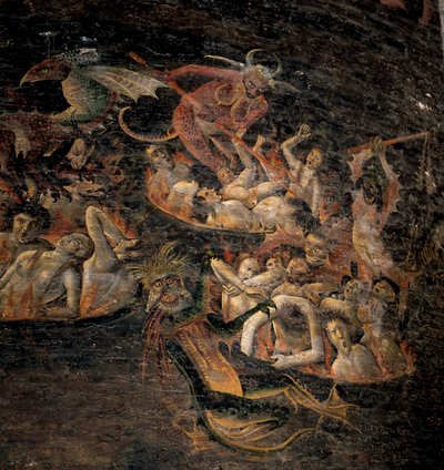 Laatste oordeel: de verdoemden naar de Onderwereld gekweld door demonische wezens. Detail van een fresco 1474-1484. Kathedraal Sainte Cecile in Albi. door Unknown artist