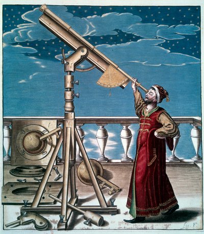 De astronoom: een man observeert de sterren met een telescoop - Gravure uit de 17e eeuw door Unknown artist