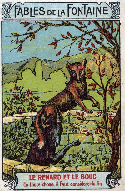 De Vos en de Bok - Fabels van Jean de La Fontaine (1621-95) - Chromolithografie uit het einde van de 19e eeuw Privécollectie. door Unknown artist