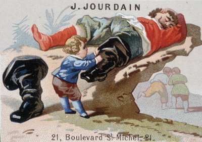 Le Petite Poucet trekt zijn zevenmijlslaarzen uit bij de slapende reus - Reclame-etiket Jourdain door Unknown artist