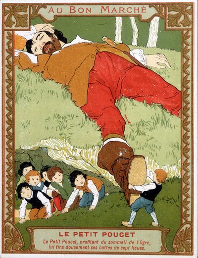 Le Petite Poucet trekt zijn zevenmijlslaarzen uit bij de slapende reus - Bon Marché reclame-etiket, eind 19e eeuw door Unknown artist