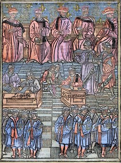 Le prevot des marchands et les echevins de Paris au 16eme eeuw, gravure naar het origineel van 1528 - Provoost van kooplieden en wethouders van Parijs, scène van belastinginning, titelpagina uit 