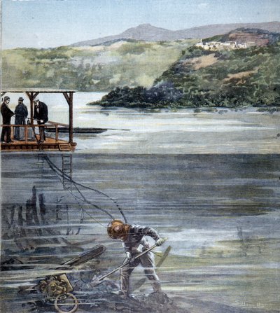 De duiker Paolo Pardi werkend aan de Romeinse schepen in het meer van Nemi met de Siebe duikuitrusting in 1893 door Unknown artist