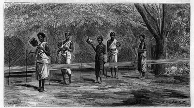Het weven in Indië: voorbereiding van de kettingdraden (operatie van het scheren) Gravure uit 1883. in 