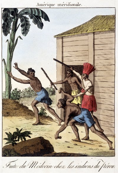 Vlucht van de dokter onder de Indianen van Peru (Inca) - gravure door Unknown artist