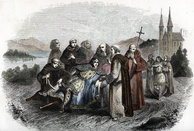 Legende van de enerves van Jumieges: de twee zonen van Merovingische koning Clovis II, gestraft voor opstand tegen hun vader, worden opgevangen door de monniken van de Abdij van Jumieges, nabij Rouen, ca. 660 door Unknown artist