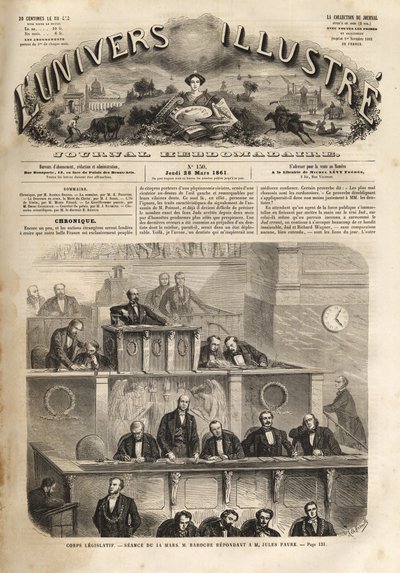 Wetgevend lichaam - zitting van 14 maart 1861 - Pierre Jules Baroche antwoordt aan Jules Favre - het Illustere Universum van 1861 door Unknown artist
