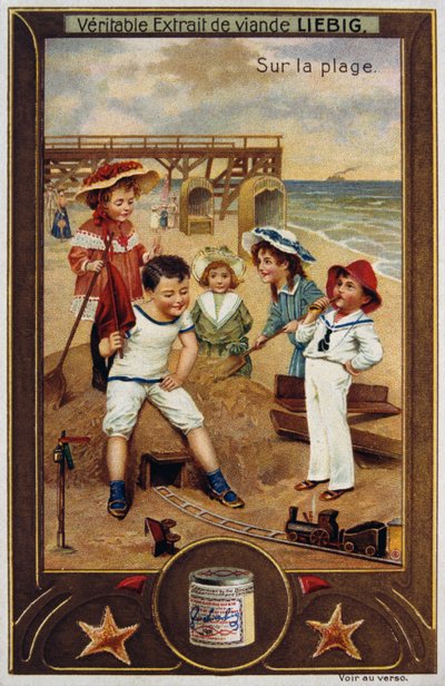 Leibig kaart met Franse kinderen op het strand 1890 door Unknown artist