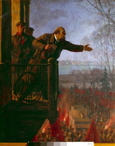 Lenin op het balkon van het Csechinskaia-huis bij nacht, april 1917 (olieverf op doek) door Unknown Artist