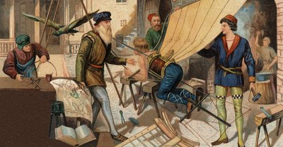 Leonardo da Vinci (Leonard de Vinci 1452-1519) experimenteert met zijn vliegmachine. Chromolithografie van de 19e eeuw. door Unknown artist