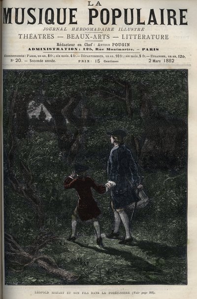 Leopold Mozart en zijn zoon Wolfgang Amadeus in het Zwarte Woud - gravure in 