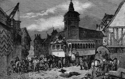 Les Omnibus de Paris in de 19e eeuw: de wagen heeft 60 zitplaatsen - gravure uit 1892 door Unknown artist