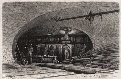 De riolen van Parijs: bocht van de pijp bij de Saint Michel brug, place du Chatelet - Gravure in 