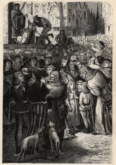 Dierprocessen in de middeleeuwen - Executie van de kindermoordende zeug van Falaise - gravure uit 