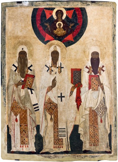 Russisch icoon: De drie heilige bisschoppen van Rostov: Jesaja, Leontius en Ignatius door Unknown artist