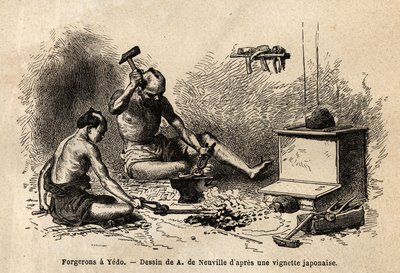 Smeden voor hun smidse in Yedo (of Edo, keizerlijke hoofdstad, het huidige Tokio). Gravure ter illustratie van de reis naar Japan, in 1863-1864, door Aimé Humbert, minister van de Zwitserse Confederatie, in 
