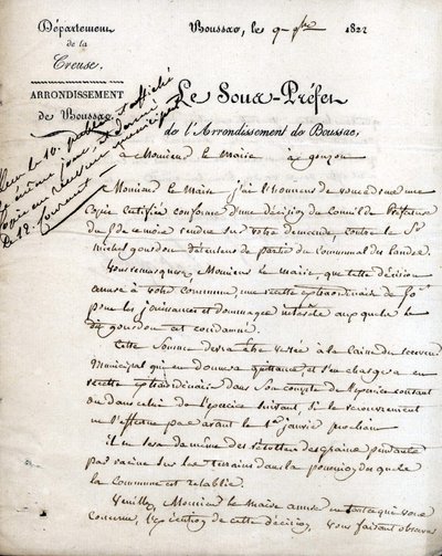 Brief van de onderprefect van de Creuse (arrondissement Boussac) aan de burgemeester van Gouzon, 9 september 1822 door Unknown artist