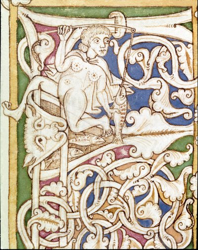 Versierde P initiaal met de voorstelling van een vrouw die een vis vangt. Miniatuur uit een Bijbel (Oude Testament) (Ms 3088) 12e eeuw Coimbra, Universiteitsbibliotheek door Unknown artist