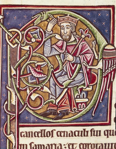 Lettrine P versierd met de voorstelling van de koning van het land Moab (miniatuur) uit een Bijbel (Ms 3088) 12e eeuw Coimbra, bibliotheek van de Universiteit door Unknown artist