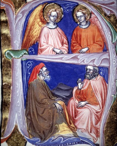 Lettrine die engelen en filosofen voorstelt die discussiëren - in De civitate dei van St. Augustinus. 14e eeuws manuscript. Gemeentelijke Bibliotheek van Rimini door Unknown artist