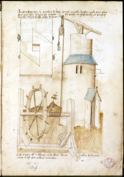 Hefsysteem met katrol voor bouwplaats - Manuscript: perkamentblad uit een ingenieurshandboek voor de bouw van civiele, religieuze en militaire gebouwen, anoniem, eind 15e eeuw (figuur in Chinese inkt) door Unknown artist