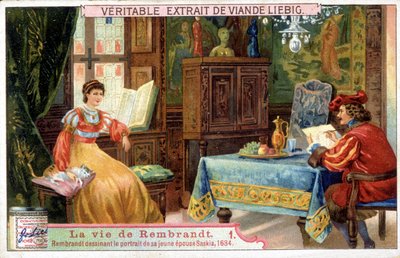 Liebig chromolithografie over het leven van Rembrandt (1606-1669), Nederlandse schilder. Hier tekent hij het portret van zijn jonge vrouw Saskia in 1654 door Unknown artist