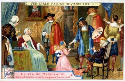 Liebig chromolithografie over het leven van Rembrandt (1606 - 1669) Nederlandse schilder, hier portretteert hij burgemeester Jean Six in 1654. door Unknown artist