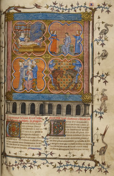 Leven van Julius Caesar: vier miniaturen die zijn geboorte, scheiding, pontificaat en gevecht met Pompeius tonen door Unknown artist