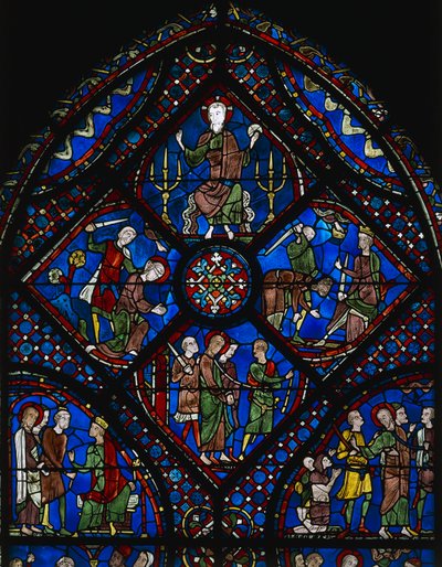 Leven van St Jacobus de Meerdere, bovenste deel van het raam, glas-in-loodraam (12e eeuw), Kathedraal van Chartres (Unesco Werelderfgoedlijst) door Unknown artist