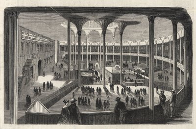 Het interieur van een emigrantendepot van Castle Garden - New York State - Emigratiecommissie - Gravure in 