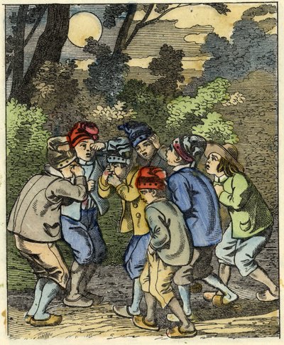 Klein Duimpje en zijn broers verdwaald in het bos. Illustratie van het verhaal 