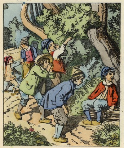Klein Duimpje en zijn broers verdwaald in het bos, achtergelaten door hun ouders. Illustratie van het sprookje 