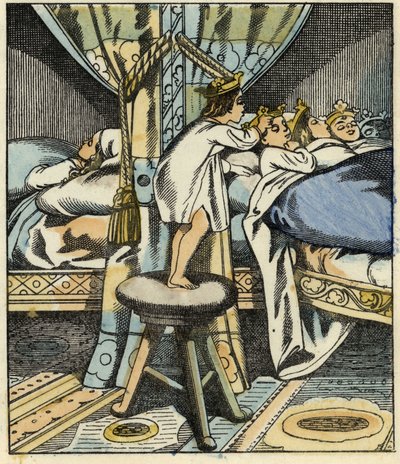 Klein Duimpje zet de kronen van de zeven dochters van de reus op het hoofd van zijn broers. Illustratie van het sprookje 