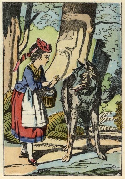 Roodkapje ontmoet de wolf in het bos. Illustratie van het verhaal 