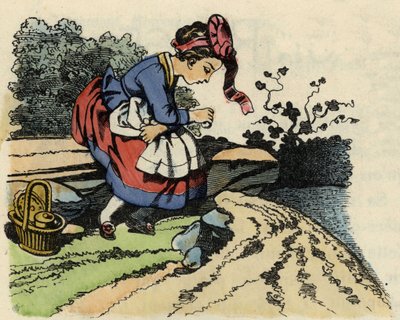 Roodkapje rust onderweg. Illustratie van het sprookje 