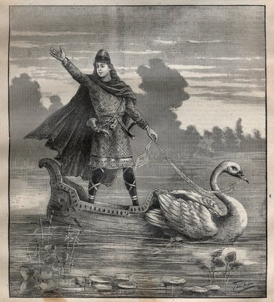 Lohengrin in een gondel getrokken door een zwaan, scène uit de opera 