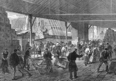 Londen 1868: de aankomst van de thee in de dokken. door Unknown artist