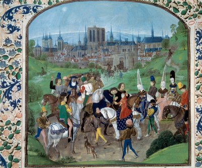 Lodewijk II van Anjou en Yolande van Aragon begroeten hun toekomstige schoonzoon, Karel VII door Unknown artist