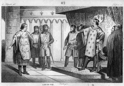 Lodewijk VIII (1187-1226) de Leeuw ontvangt een gezant van zijn vijand Hendrik III van Engeland - Lodewijk VIII de Leeuw, dynastie van de Capetingen, reageert trots en vastberaden op een gezant van de Engelse koning Hendrik III - Gravure van 1825 door Unknown artist