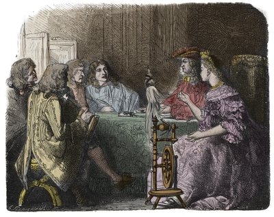 Lodewijk XIV doet zaken met zijn ministers in de appartementen van Madame de Maintenon - gravure door Unknown artist