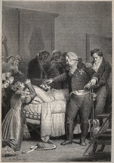 Lodewijk XVIII aan het sterfbed van de Hertog van Berry - De laatste momenten van de Hertog van Berry op 13 februari 1820 (1778 - 1820) in de opera van Parijs omringd door Lodewijk XVIII en de koninklijke familie - gravure in 