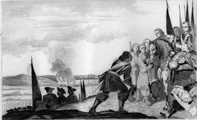 Lodewijk XV (1710-74) bij de Slag bij Fontenoy in 1745 - Oorlog van de Oostenrijkse Successie (1740-1748) - Maurice van Saksen, maarschalk van Saksen (1696-1750), overwinnaar van de Slag bij Fontenoy, ontmoet koning van Frankrijk, Lodewijk XV (1710-1774) - door Unknown artist