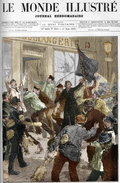 Louise Michel (1833-1905), een Franse revolutionair, zwaait met een zwarte vlag met de tekst 