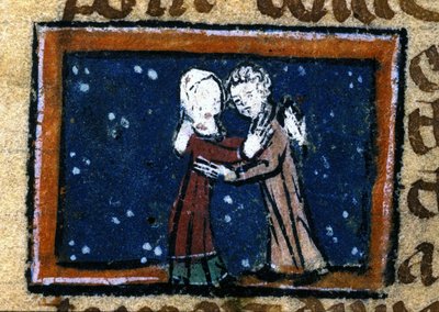 Liefdesscène uit een 13e-eeuws Frans manuscript door Unknown artist