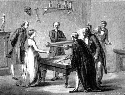 Luigi Galvani ontdekte in 1780 de prikkelbaarheid van de kikker spier door elektriciteit door Unknown artist