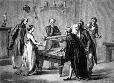 Luigi Galvani, professor in Bologna, ontdekte in 1780 de prikkelbaarheid van de spieren van de kikker door elektriciteit. Gravure uit de 19e eeuw. door Unknown artist