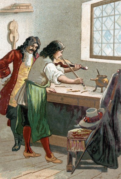 Luthier Stradivarius (Antonio Stradivari) (1644-1737) in zijn werkplaats. Chromolithografie van de 19e eeuw door Unknown artist