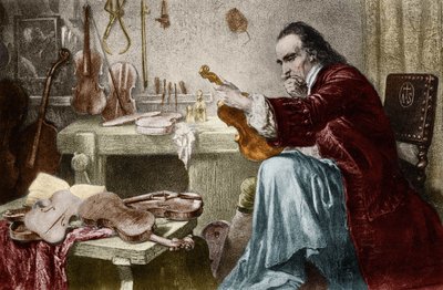 Luthier Stradivarius (Antonio Stradivari) (1644-1737) in zijn werkplaats. Gravure door Hammann. door Unknown artist