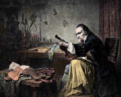 Luthier Stradivarius (Antonio Stradivari) (1644-1737) in zijn werkplaats. Gravure door Hammann. door Unknown artist