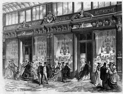 Luxe in Parijs: Opening van de winkel van Auguste Klein Boulevard des Capucines. Gravure in 